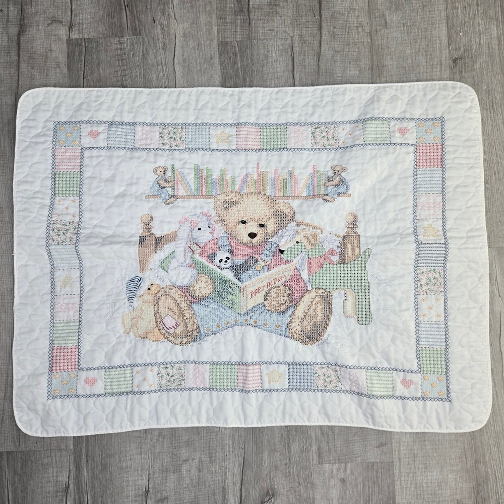 Vintage Baby Blanket White Cross Stitch Teddy Bear Quilted Nursery Embroidered